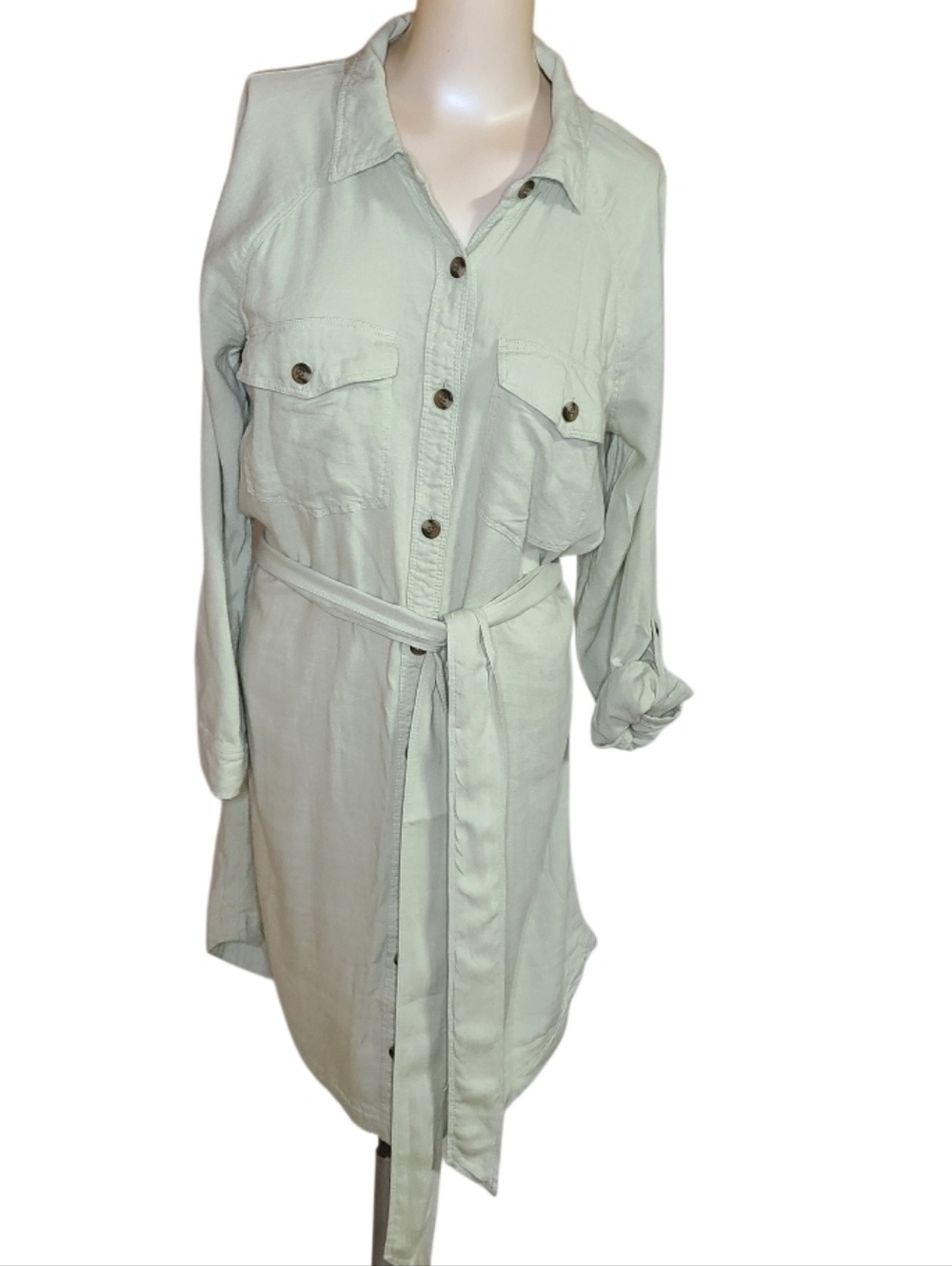 American Eagle Soft Sage Green Linen Blend Utility Shirt Dress Tie Waist Small